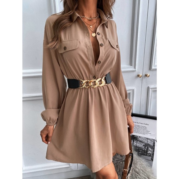 Lantern Sleeve Shirt Dress long sleeve button down black - Picture 6 of 8